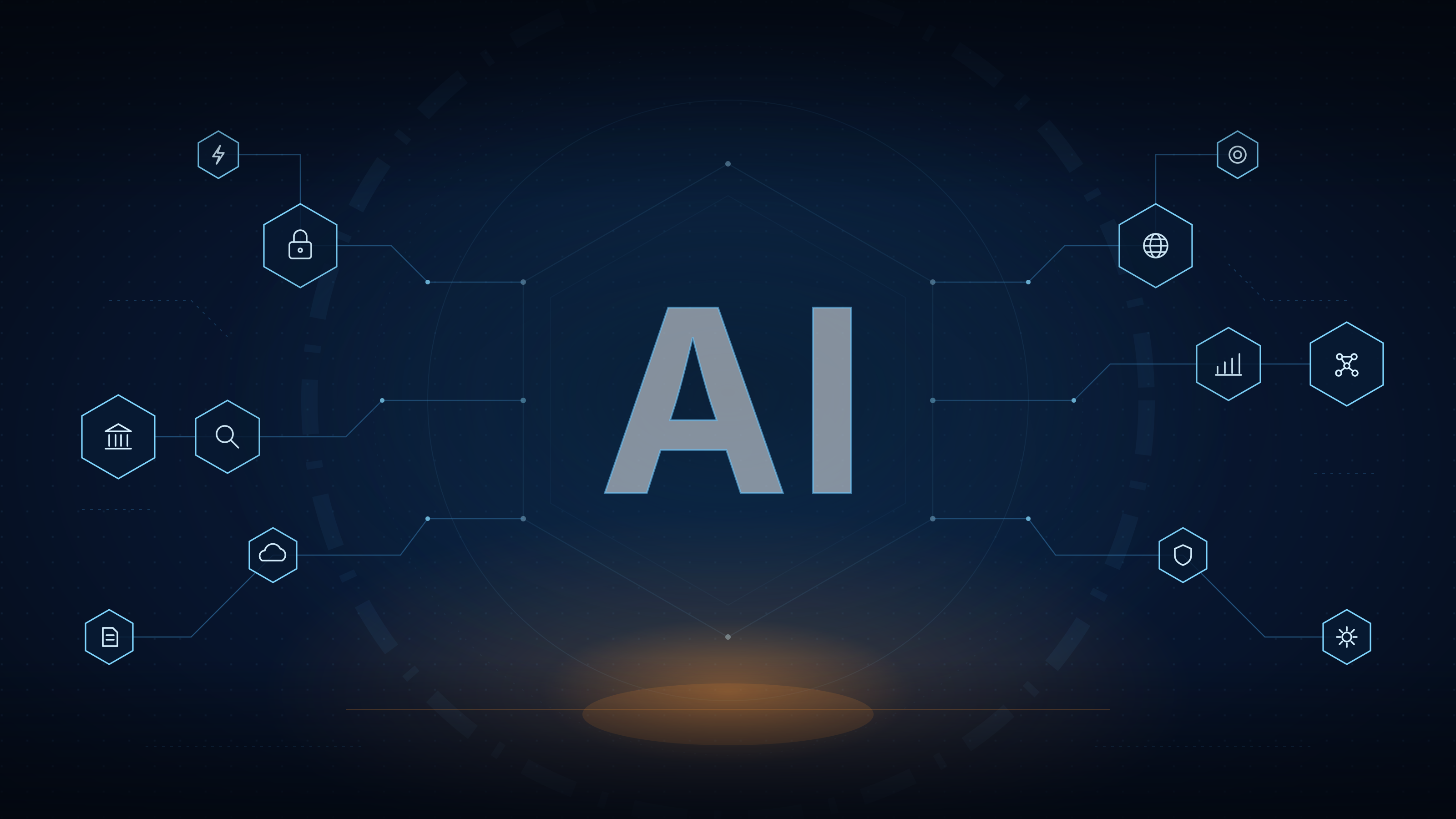 AI technology diagram showing interconnected services and data nodes